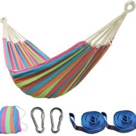 PIRNY Single Cotton Hammock,Hanging Swing Bed,Up to 400 Lbs,incude 20 ft of Tree Swing Straps and 2 Carabiner,for Indoor Outdoor Garden Patio Park Porch(Pink Stripes)