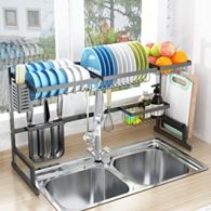 Over Sink(32”) Dish Drying Rack, 2 Cutlery Holders Drainer Shelf for Kitchen Supplies Storage Counter Organizer Stainless Steel Display- Kitchen Space Save Must Have (Sink size ≤ 32 1/2 inch, black)