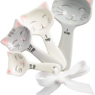 Cat Shaped Ceramic Measuring Spoons with Tie Ribbon - Gift for Cat Lovers - Measure Dry and Liquid Ingredients - Farmhouse Kitchen Utensil Decor - Cooking and Baking Supplies Accessories - 5-piece Set