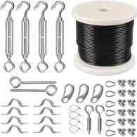 Senmit Globe String Lights Suspension Kit, Outdoor Light Guide Wire, Vinyl Coated Stainless Steel Cable, 164 ft with Turnbuckle and Hooks
