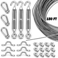 Litcher Globe String Light Suspension Kit, Outdoor Light Guide Wire, Vinyl Coated Stainless Steel Steel Cable，Include 150fts Transparent PVC and 304 Stainless Steel Wire Cable, Turnbuckle and Hooks