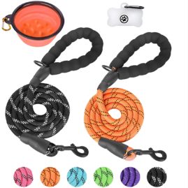 2 Pack Dog Leash, 5 FT Heavy Duty Rope Leash with Soft Padded Handle - Highly Reflective Threads for Medium Large Dog Training Walking & Traffic Control Safety (with Poop Bags Dispenser & Pet Bowl)
