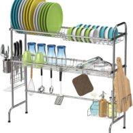 Dish Drying Rack, F-color 2 Tier Premium 201 Stainless Steel Dish Rack Over Sink with Utensil Holder Hooks, Large Space Saver Dish Drainer for Kitchen Supplies, Silver