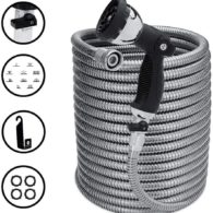 Morvat 150 Foot Stainless Steel Garden Hose with Shut-Off Valve, Heavy Duty Metal Water Hose, Resistant to Tangles and Punctures, Garden Hose 150 FT Includes: Hose Spray Nozzle + Metal Hose Hanger