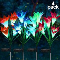 FORUP 4 Pack Solar Garden Stake Flower Lights, Outdoor Lily Flower Lights with 16 Lily Flowers, Multi Color Changing LED Lily Solar Powered Lights for Patio, Lawn, Garden, Yard Decoration