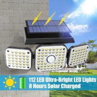 Solar Lights Outdoor with Motion Sensor, 3 Heads Security Lights Solar Powered, 112LED Flood Lights Motion Detected Spotlights 360° Rotatable IP65 Waterproof for Porch Garage Entryways Patio- 2PCS
